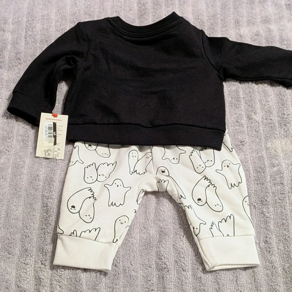Cat & Jack Baby 0-3M Ghost Sweatshirt and Joggers Halloween Outfit Set Black NWT